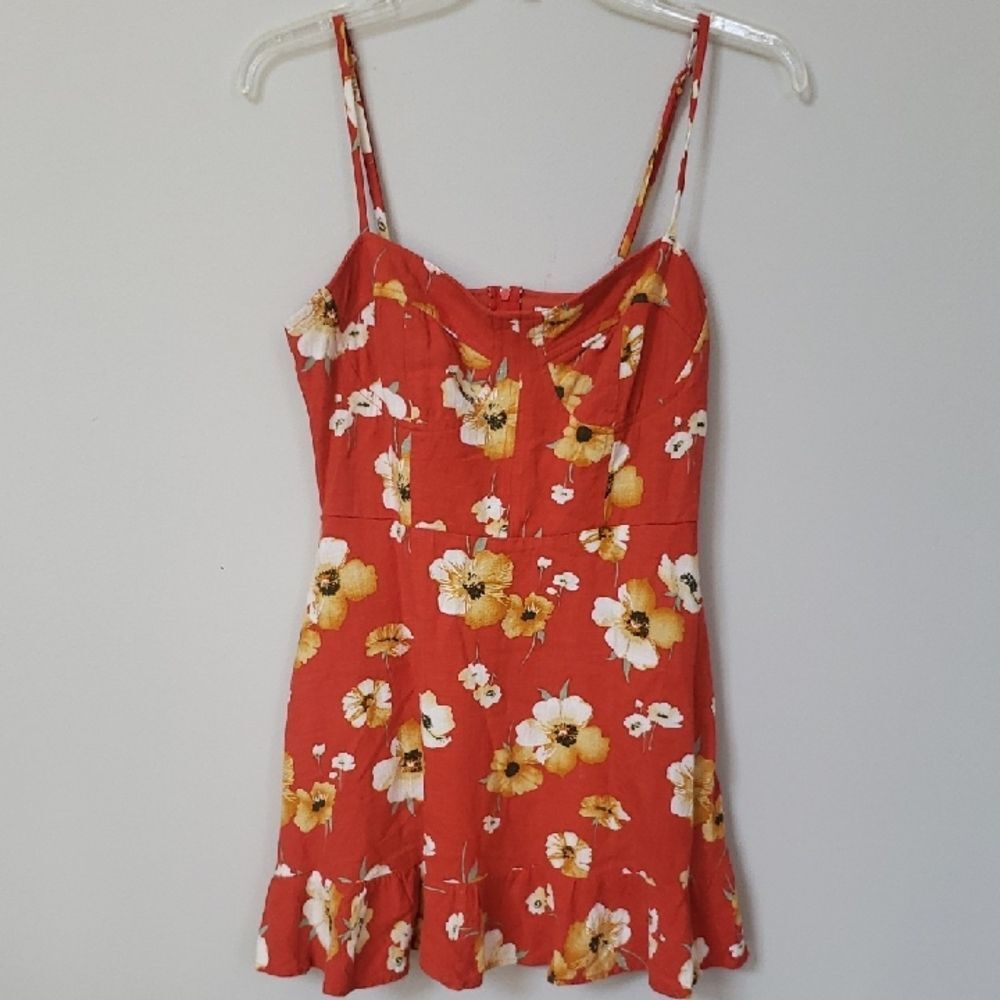 Floral Spaghetti Strap Linen Blend Dress Corset Bodice Fit & Flare Cottagecore